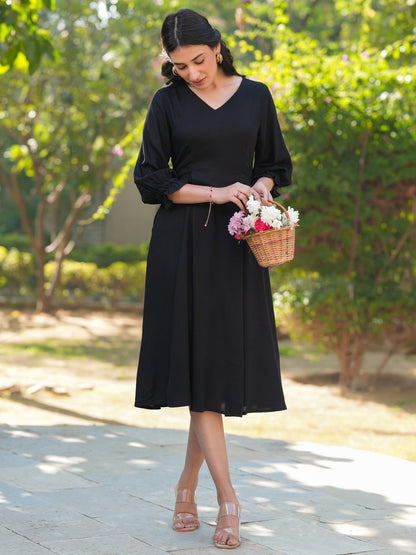 Janasya Dark Rayon Solid A-Line Dress