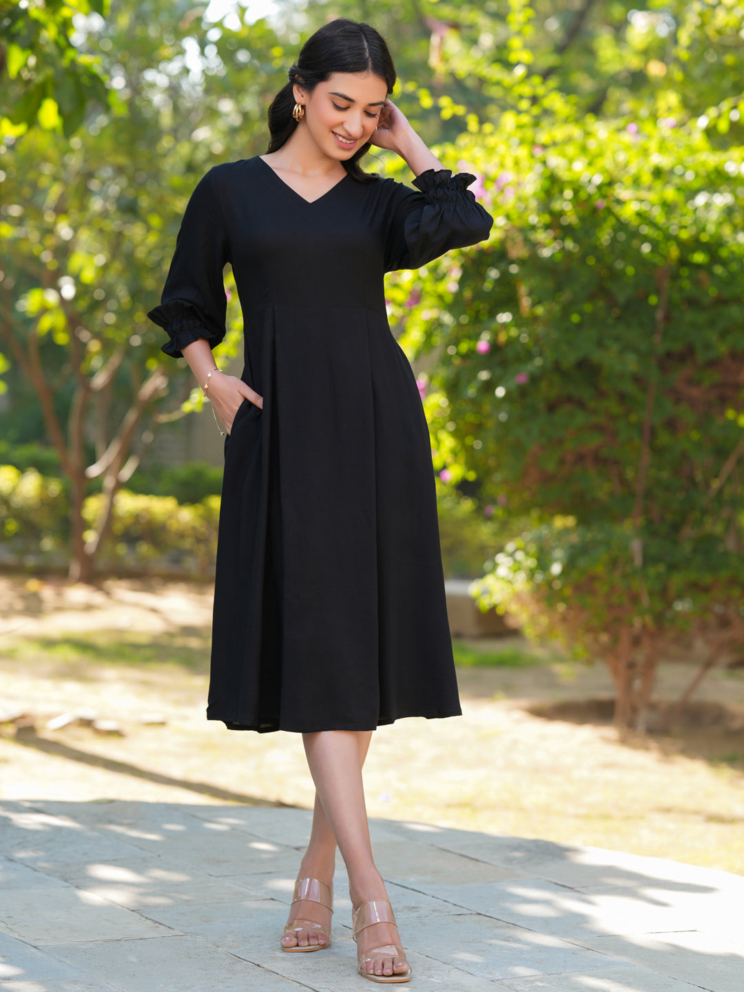 Janasya Dark Rayon Solid A-Line Dress