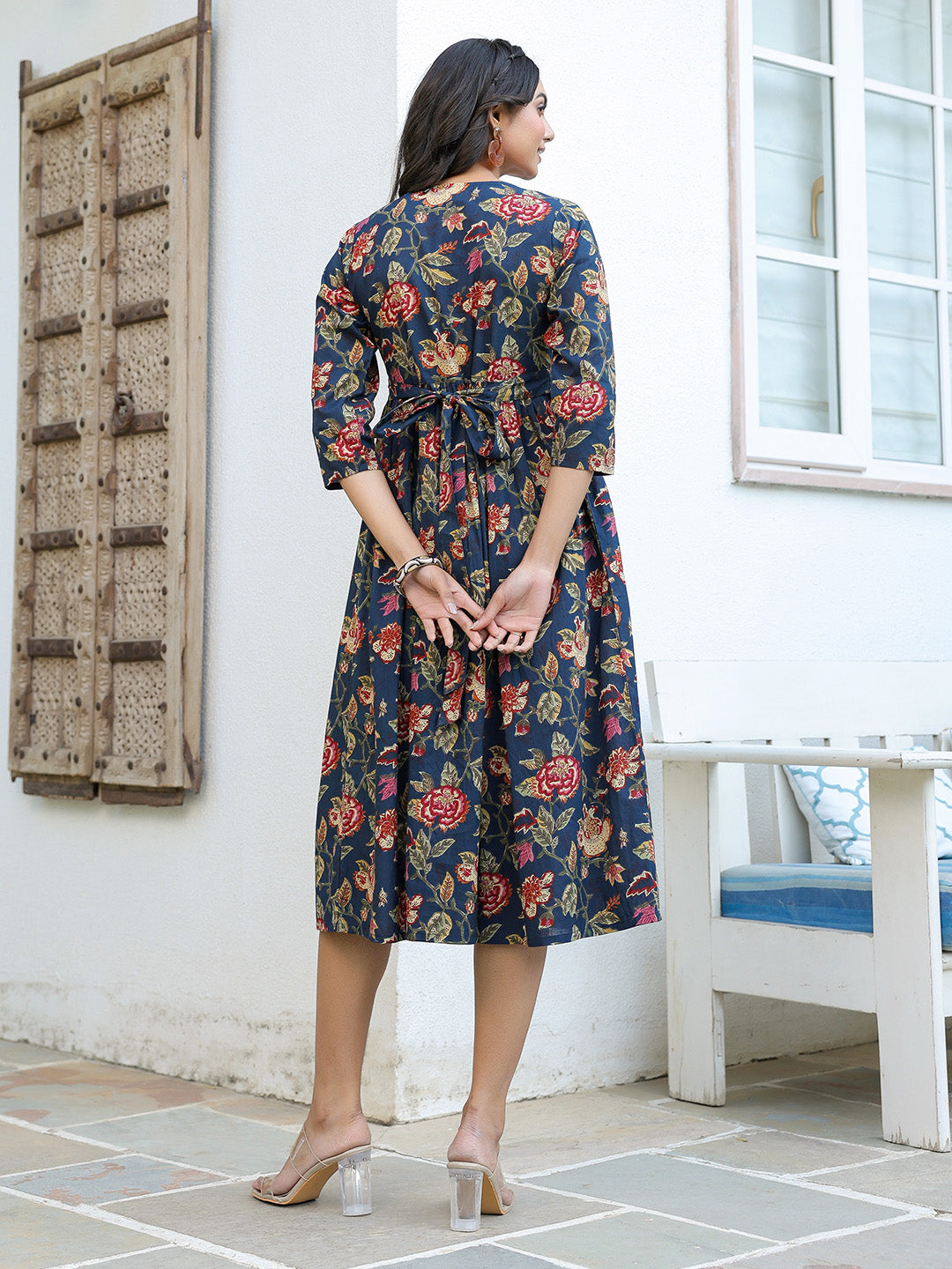 Janasya Dark Cotton Floral A-Line DRESS