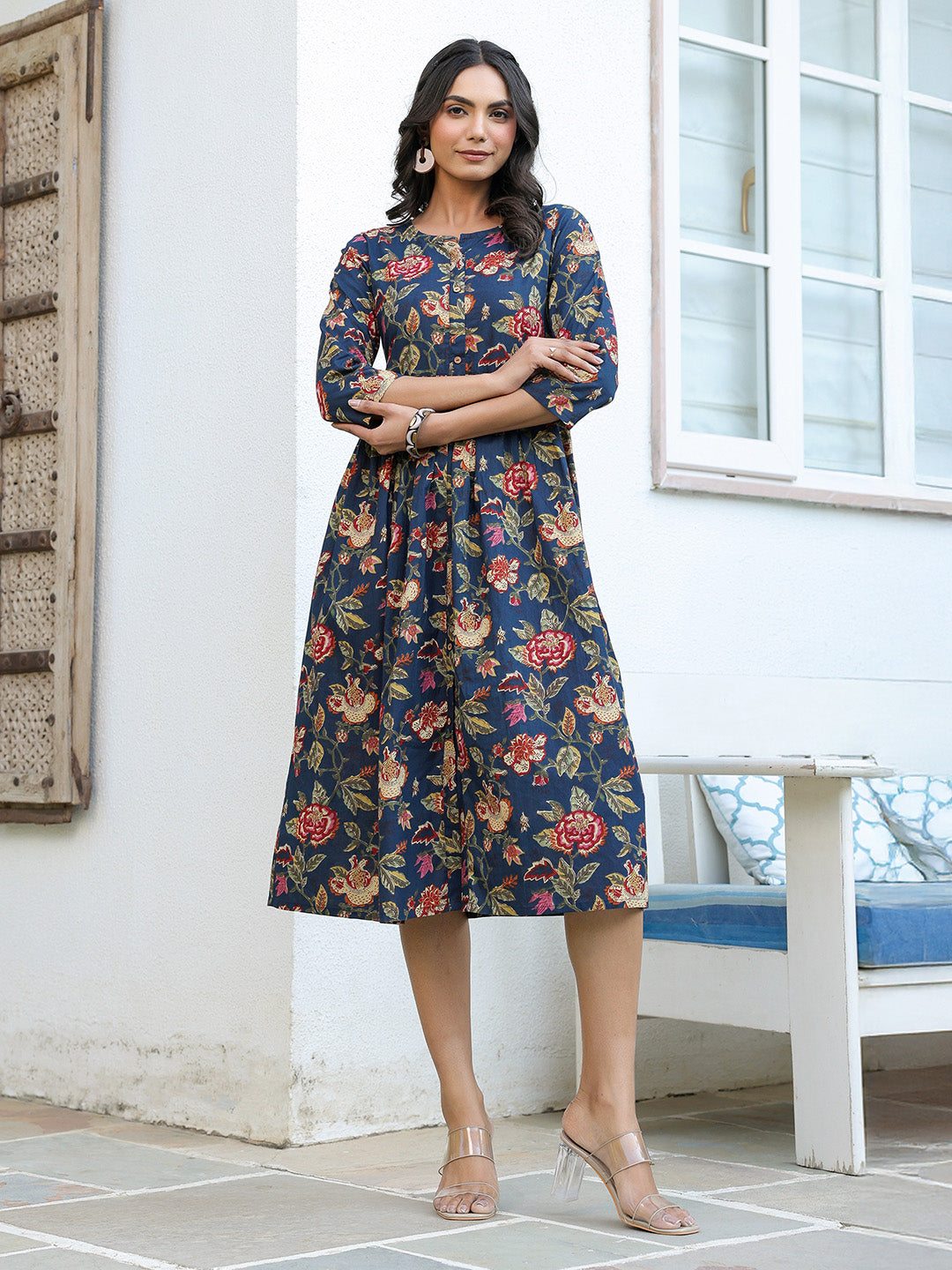 Janasya Dark Cotton Floral A-Line DRESS