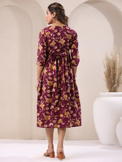 Janasya Dark Cotton Floral Gathered Dress