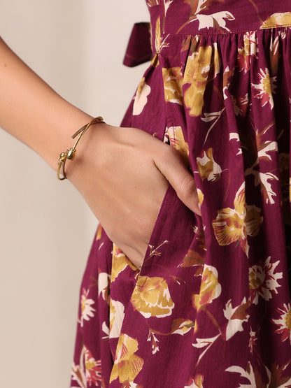 Janasya Dark Cotton Floral Gathered Dress
