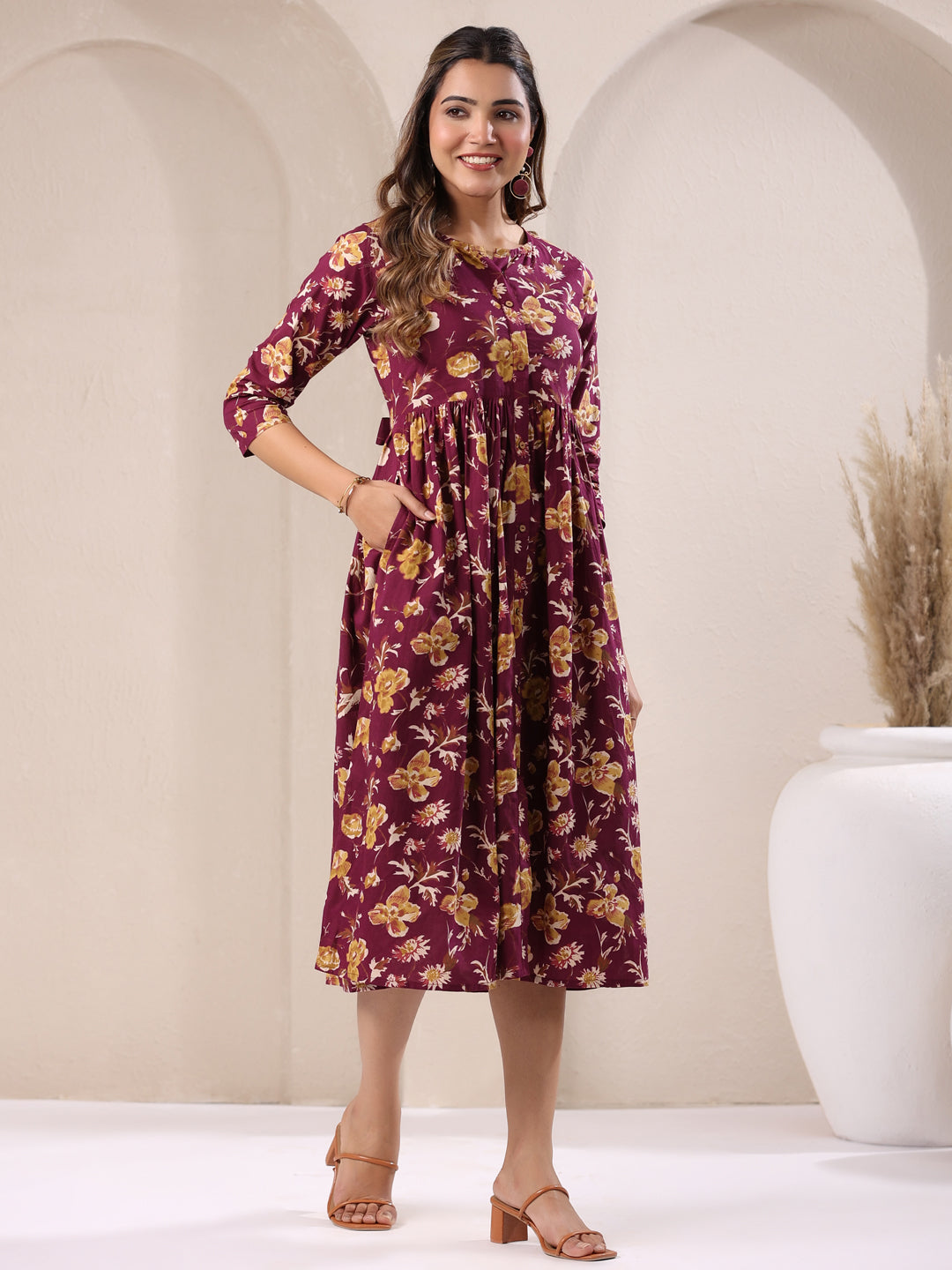 Janasya Dark Cotton Floral Gathered Dress