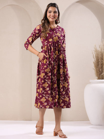 Janasya Dark Cotton Floral Gathered Dress