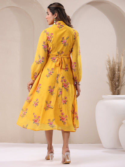 Janasya Bright Georgette Floral A-Line Dress
