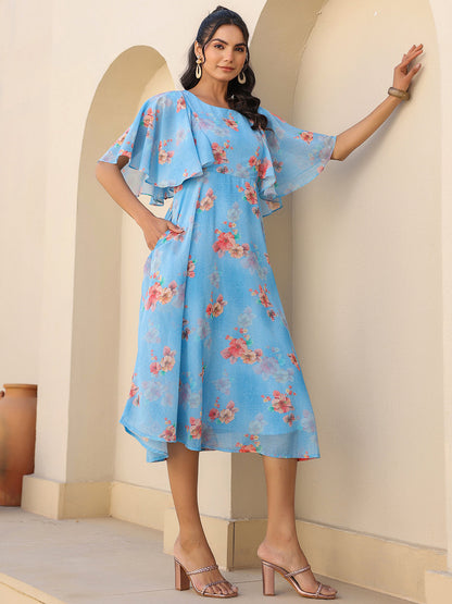 Janasya Bright Georgette Floral A-Line Dress
