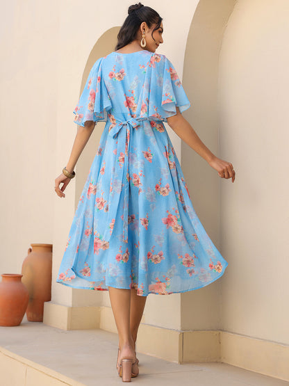 Janasya Bright Georgette Floral A-Line Dress