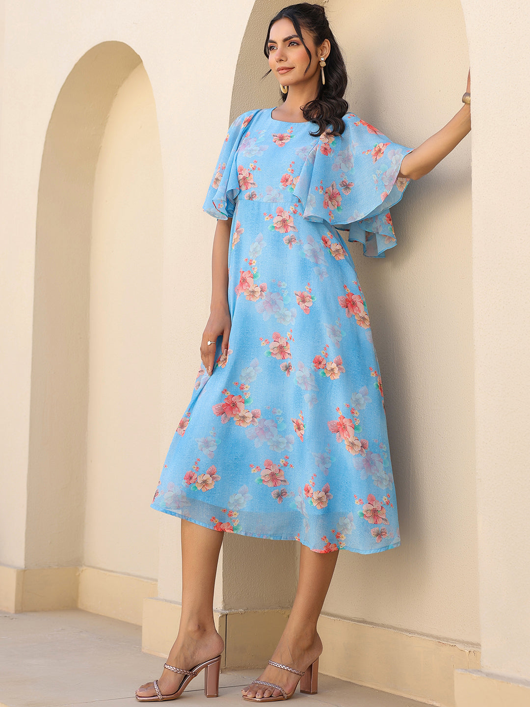 Janasya Bright Georgette Floral A-Line Dress
