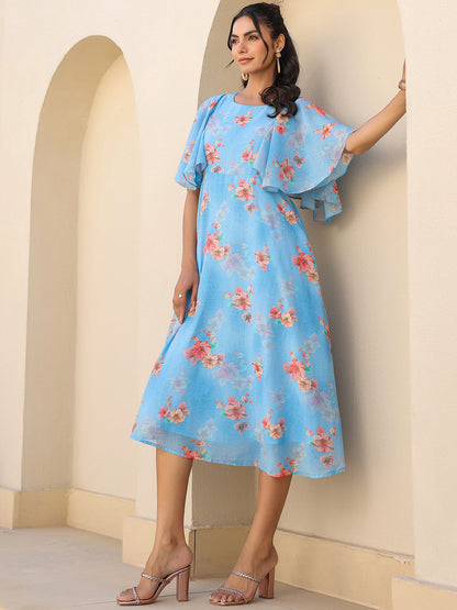 Janasya Bright Georgette Floral A-Line Dress