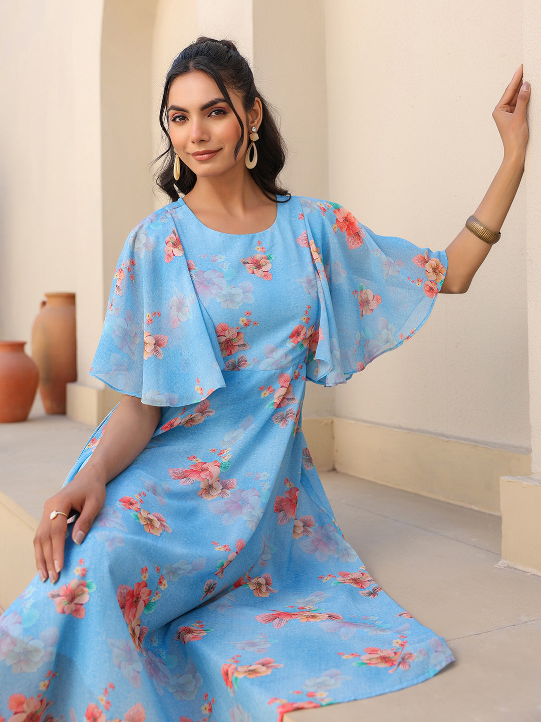 Janasya Bright Georgette Floral A-Line Dress