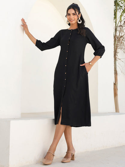 Janasya Dark Rayon Solid A-Line DRESS