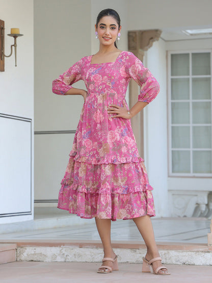 Janasya Dark Georgette Floral Tiered Dress