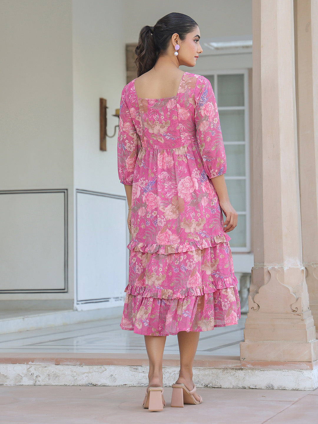 Janasya Dark Georgette Floral Tiered Dress