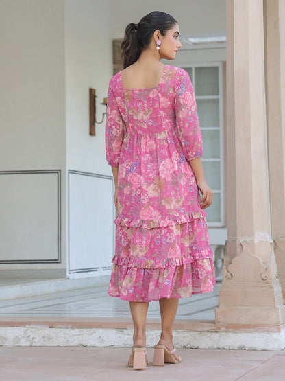 Janasya Dark Georgette Floral Tiered Dress