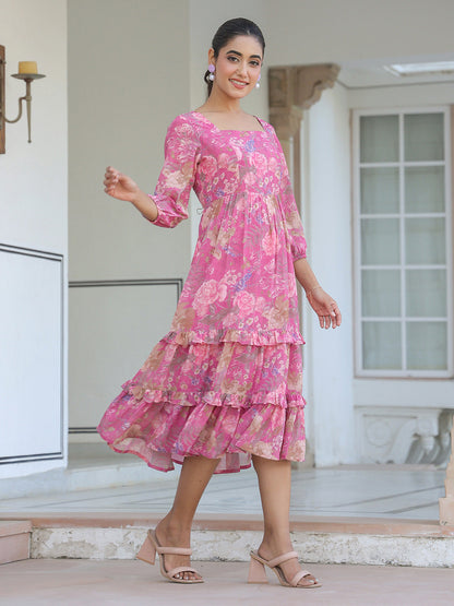 Janasya Dark Georgette Floral Tiered Dress