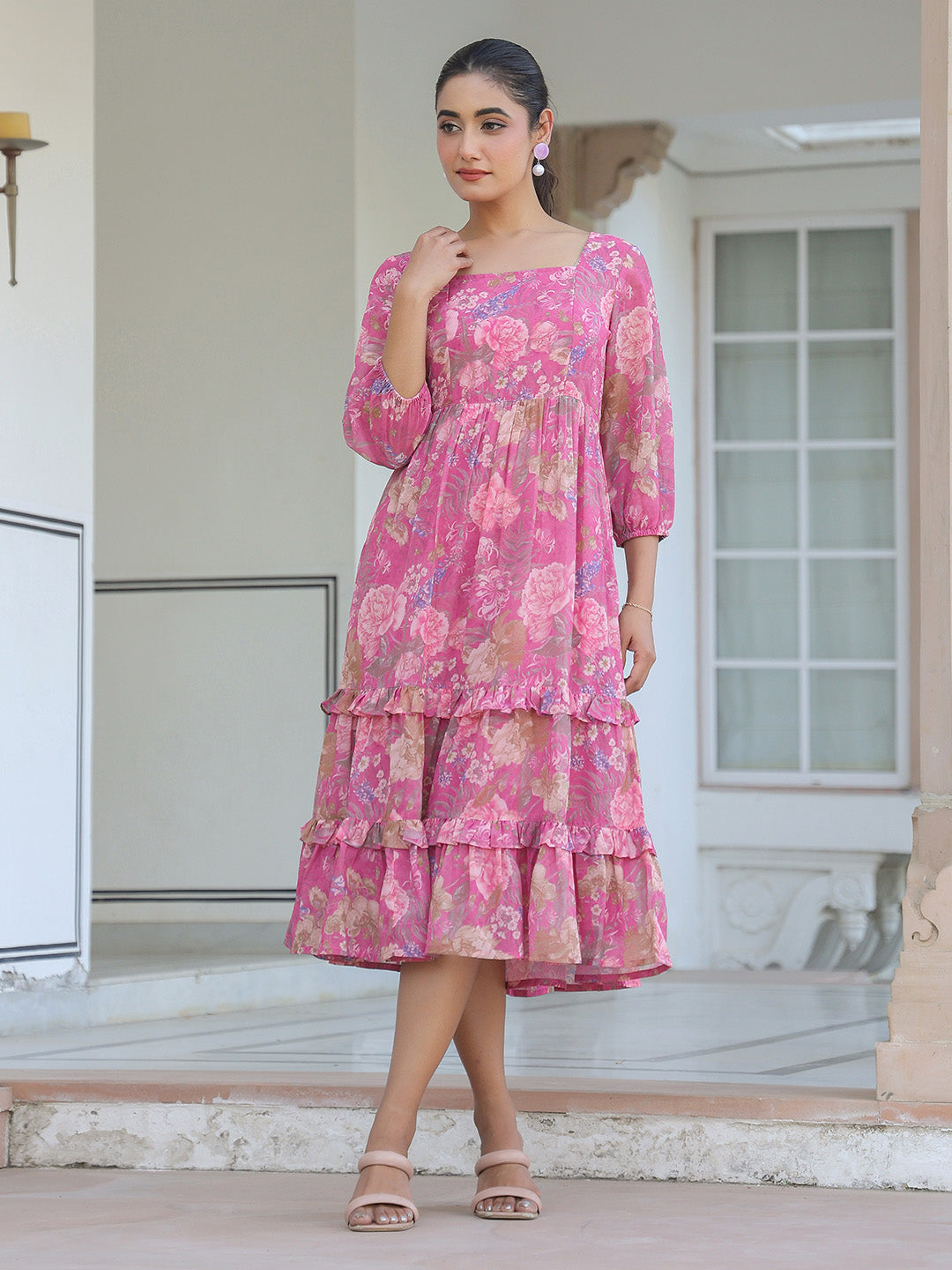 Janasya Dark Georgette Floral Tiered Dress