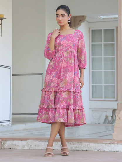 Janasya Dark Georgette Floral Tiered Dress