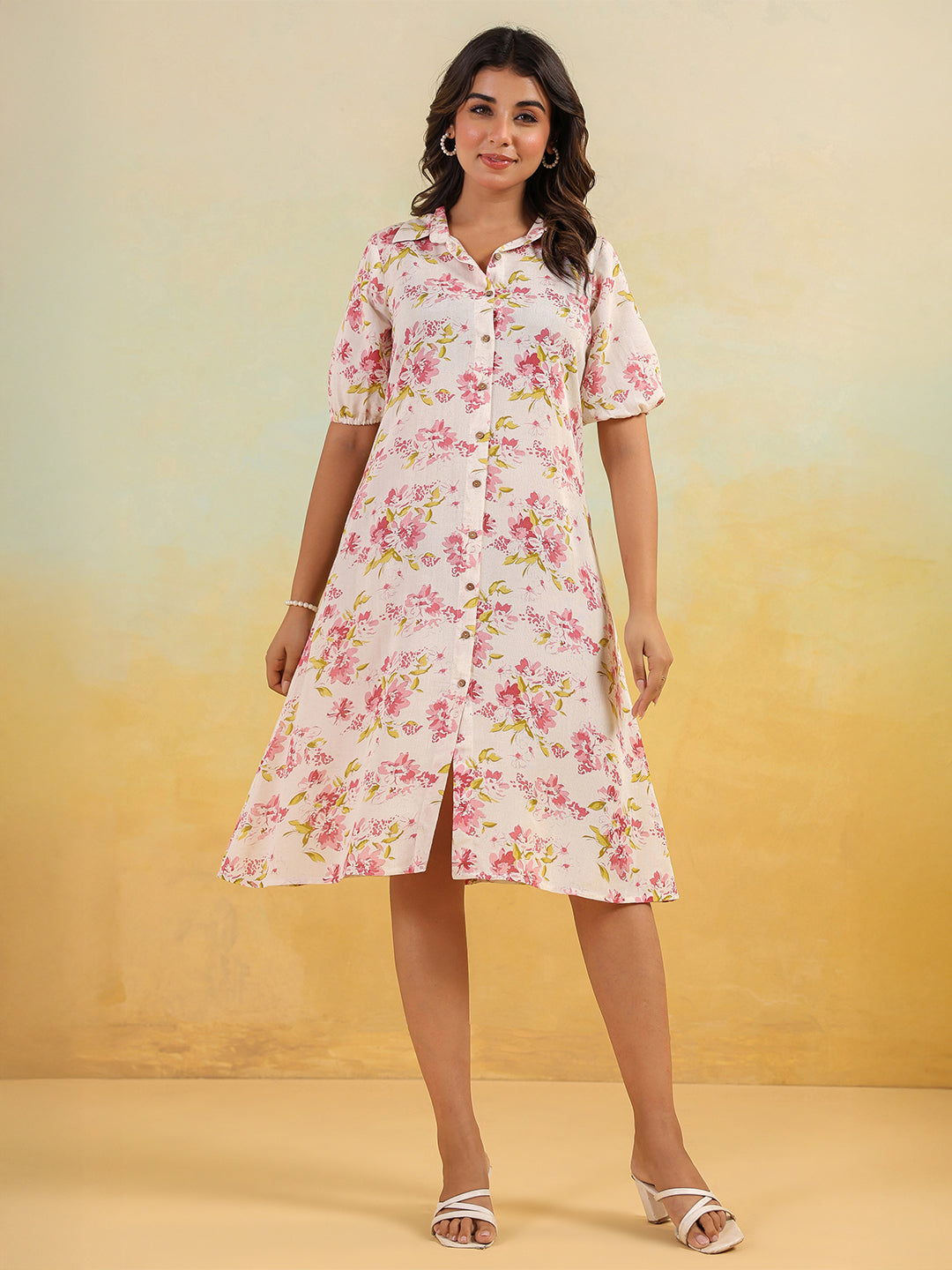Janasya Light Cotton Floral A-Line Dress