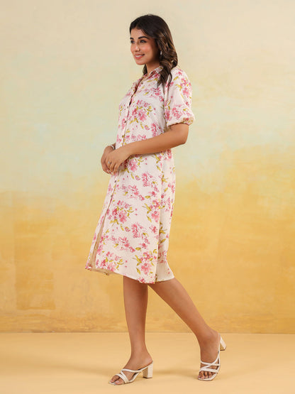 Janasya Light Cotton Floral A-Line Dress