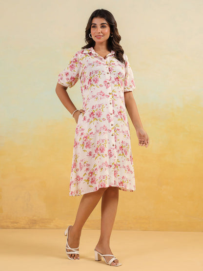 Janasya Light Cotton Floral A-Line Dress