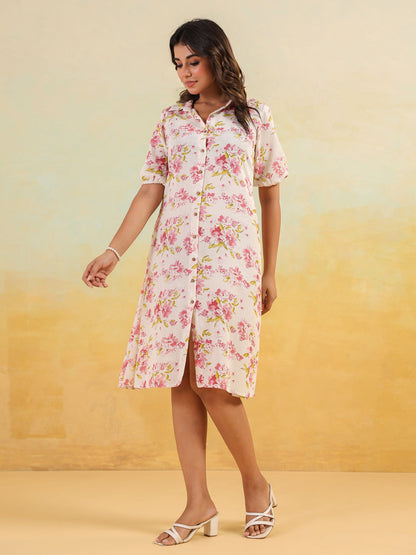 Janasya Light Cotton Floral A-Line Dress