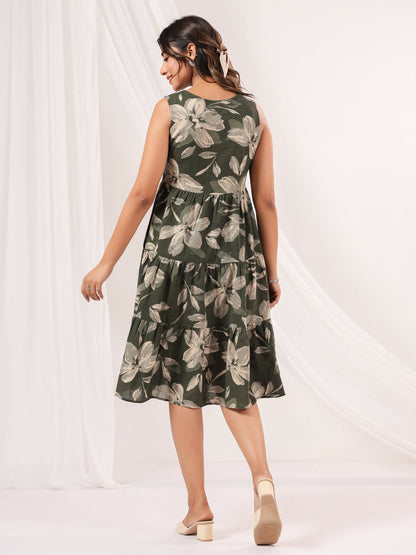 Janasya Dark Cotton Floral Tiered Dress