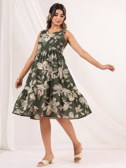 Janasya Dark Cotton Floral Tiered Dress