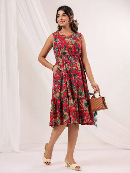 Janasya Bright Cotton Floral Fit & Flare Dress