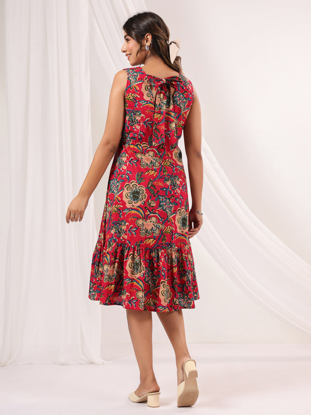 Janasya Bright Cotton Floral Fit & Flare Dress
