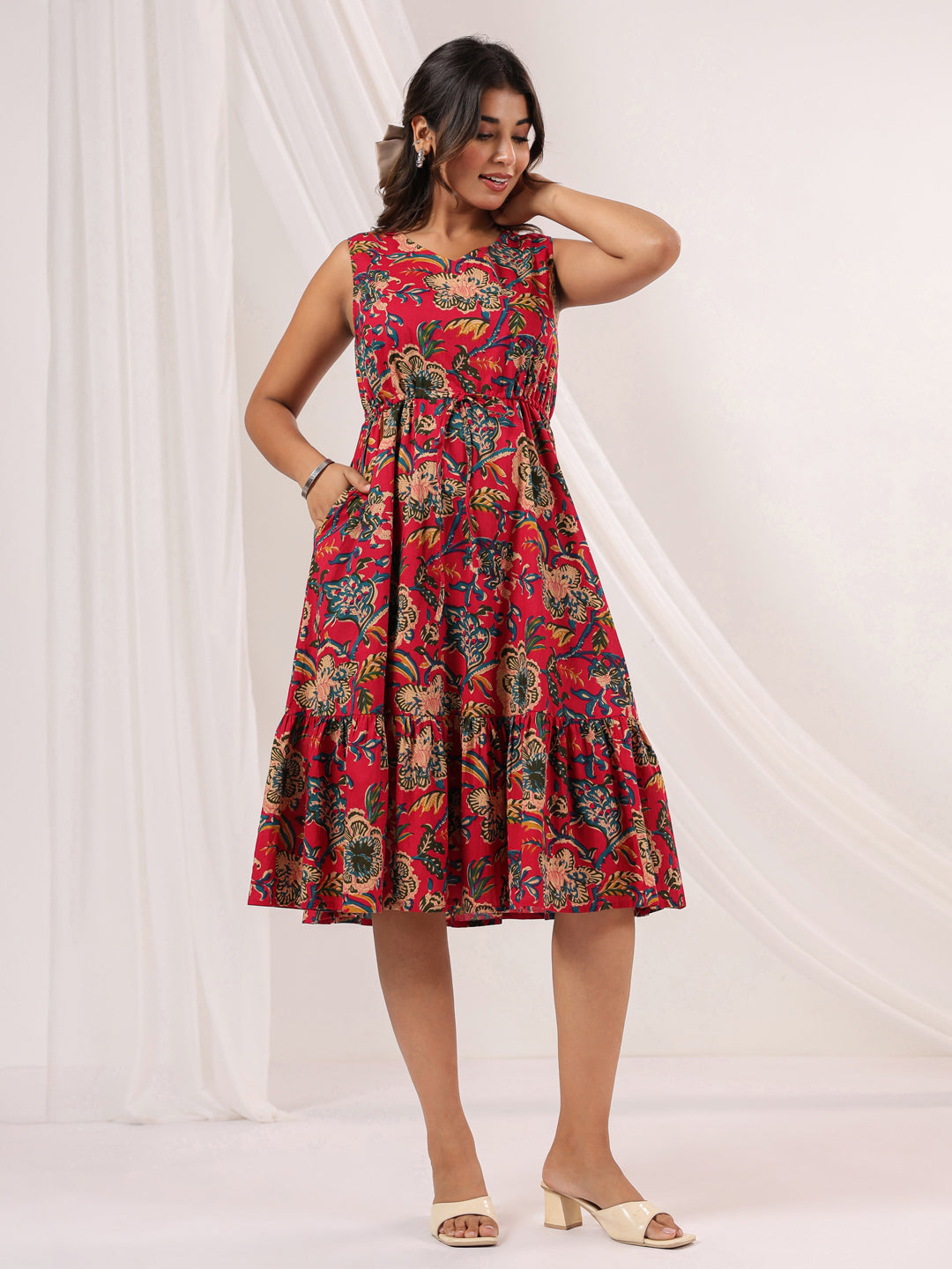 Janasya Bright Cotton Floral Fit & Flare Dress