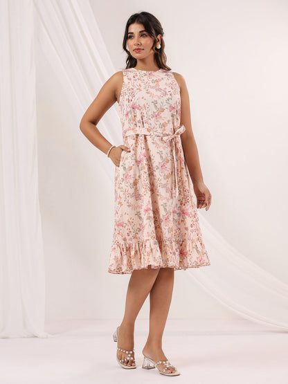 Janasya Light Cotton Floral A-Line Dress