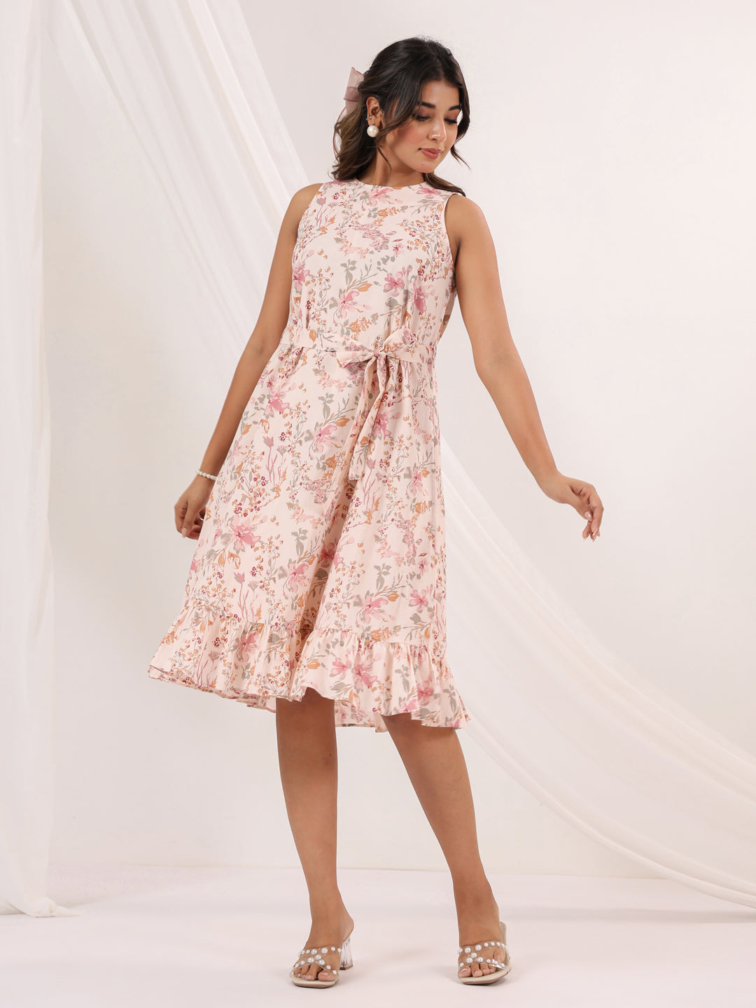 Janasya Light Cotton Floral A-Line Dress