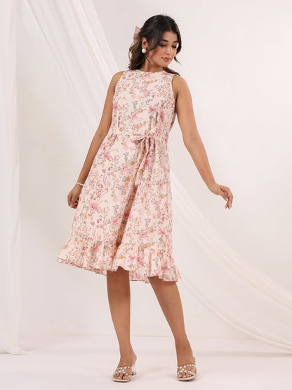 Janasya Light Cotton Floral A-Line Dress