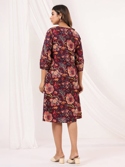 Janasya Dark Cotton Floral A-Line Dress