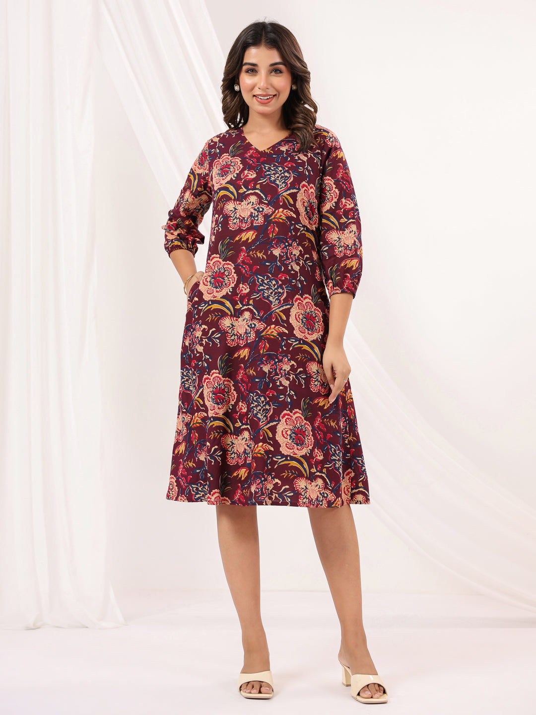 Janasya Dark Cotton Floral A-Line Dress