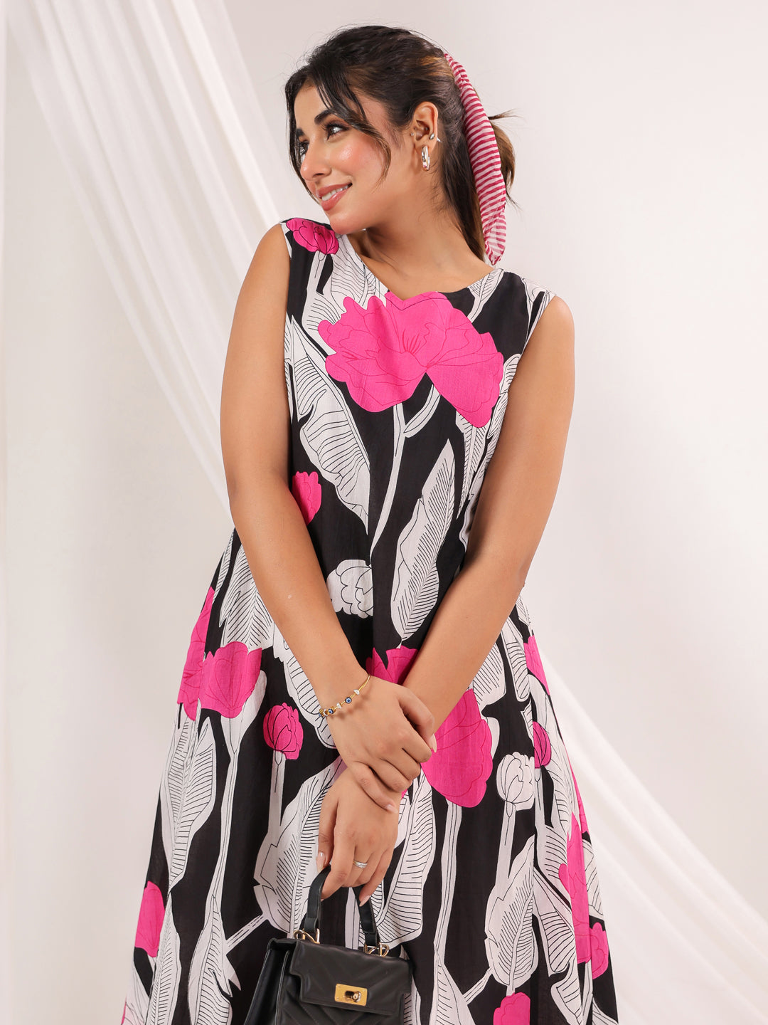 Janasya Dark Cotton Floral Handkerchief Dress