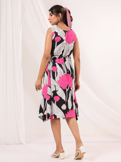 Janasya Dark Cotton Floral Handkerchief Dress