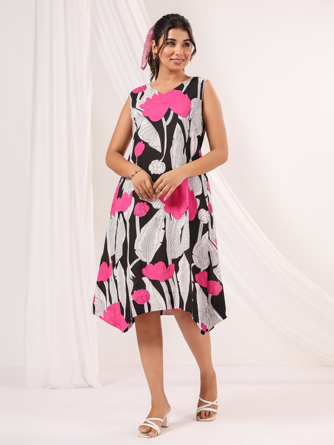 Janasya Dark Cotton Floral Handkerchief Dress