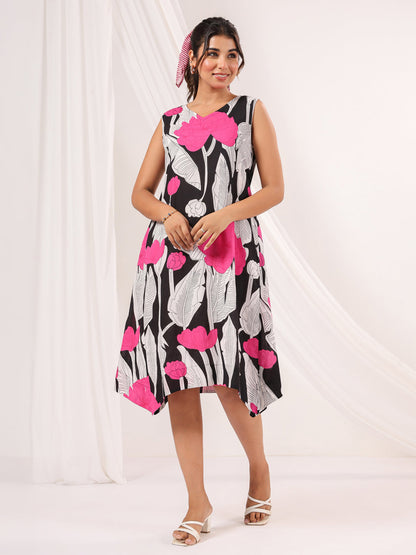 Janasya Dark Cotton Floral Handkerchief Dress
