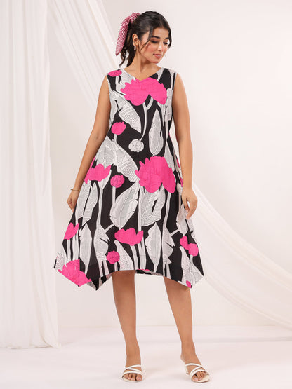 Janasya Dark Cotton Floral Handkerchief Dress