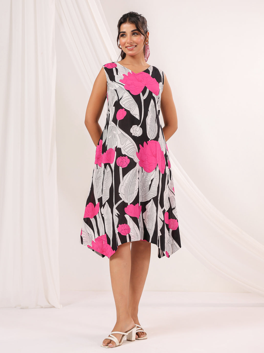 Janasya Dark Cotton Floral Handkerchief Dress