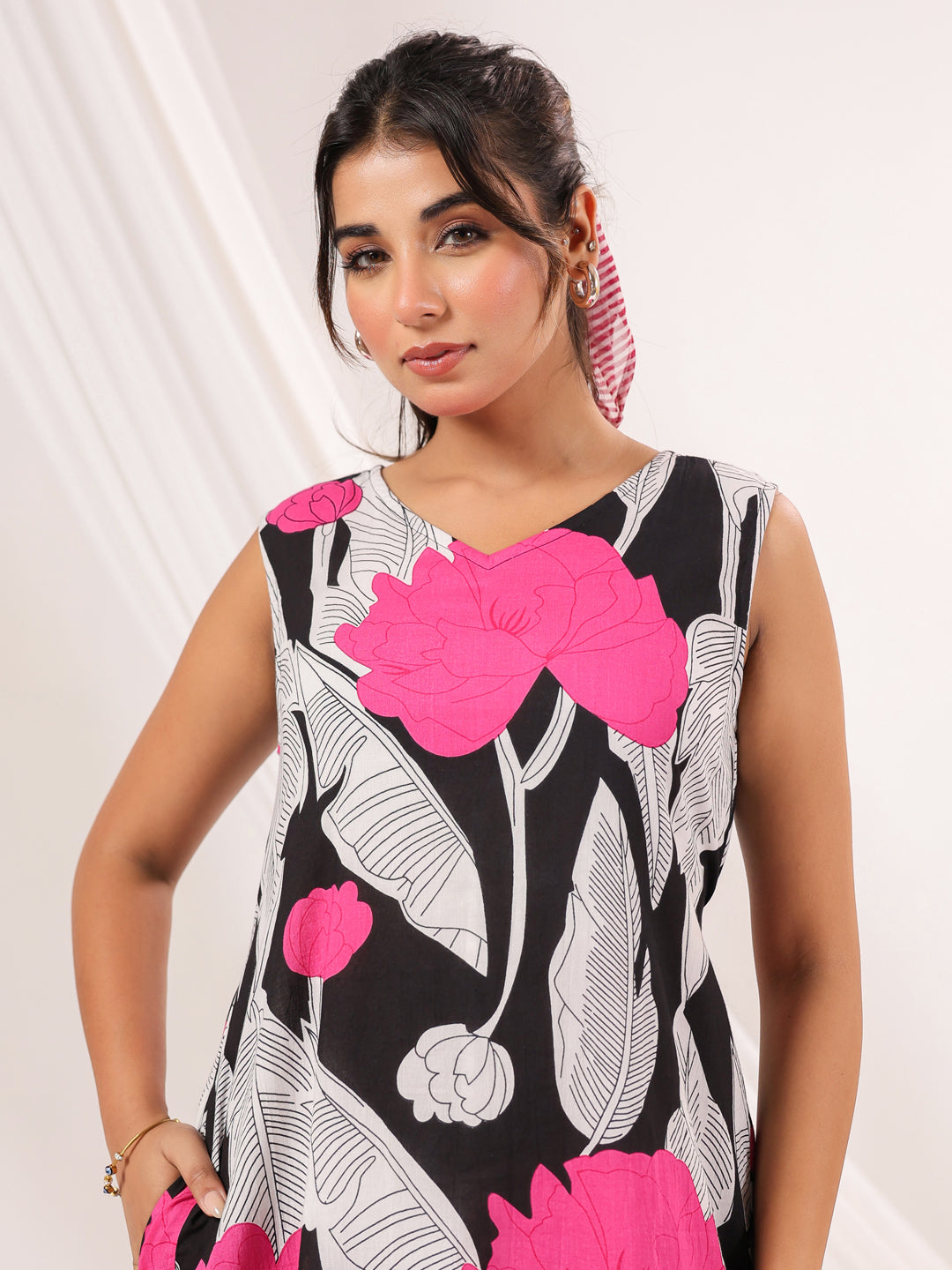 Janasya Dark Cotton Floral Handkerchief Dress