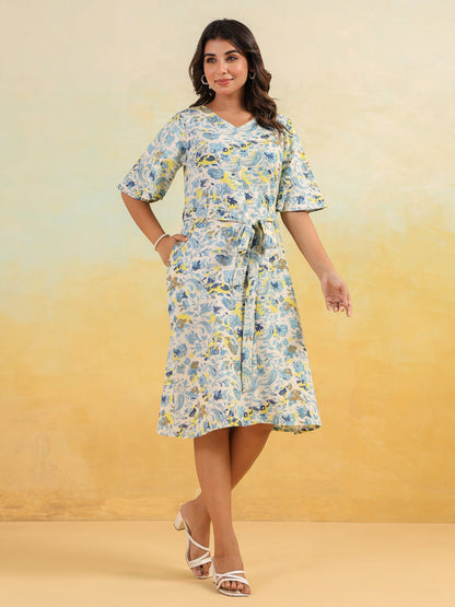 Janasya Light Cotton Floral A-Line Dress