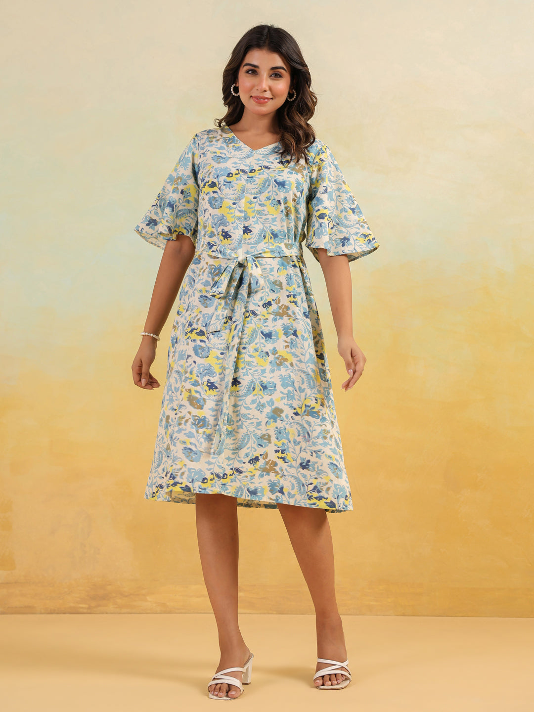 Janasya Light Cotton Floral A-Line Dress