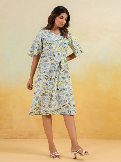 Janasya Light Cotton Floral A-Line Dress