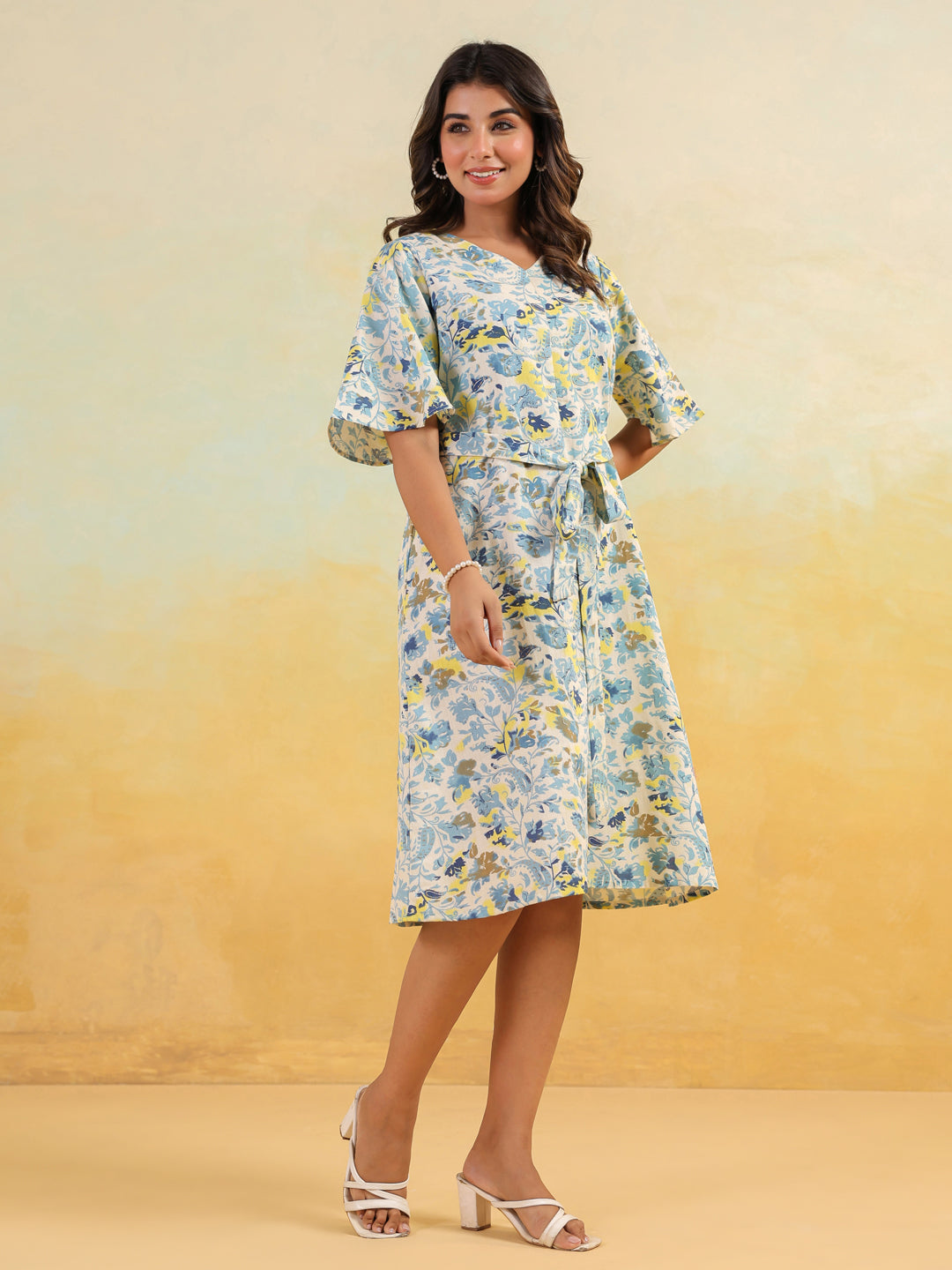 Janasya Light Cotton Floral A-Line Dress
