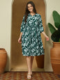 Janasya Dark Cotton Floral Fit & Flare Dress
