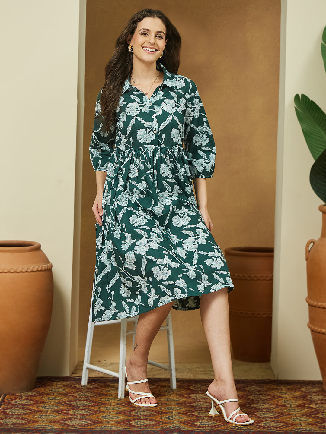 Janasya Dark Cotton Floral Fit & Flare Dress