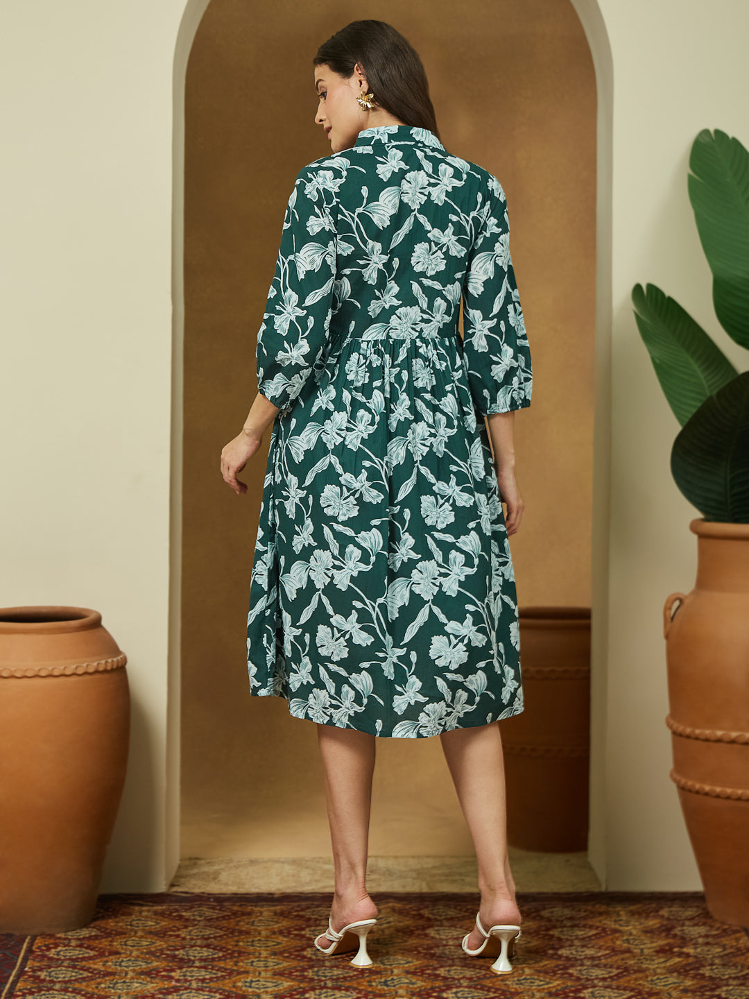 Janasya Dark Cotton Floral Fit & Flare Dress