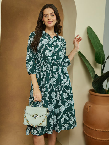 Janasya Dark Cotton Floral Fit & Flare Dress